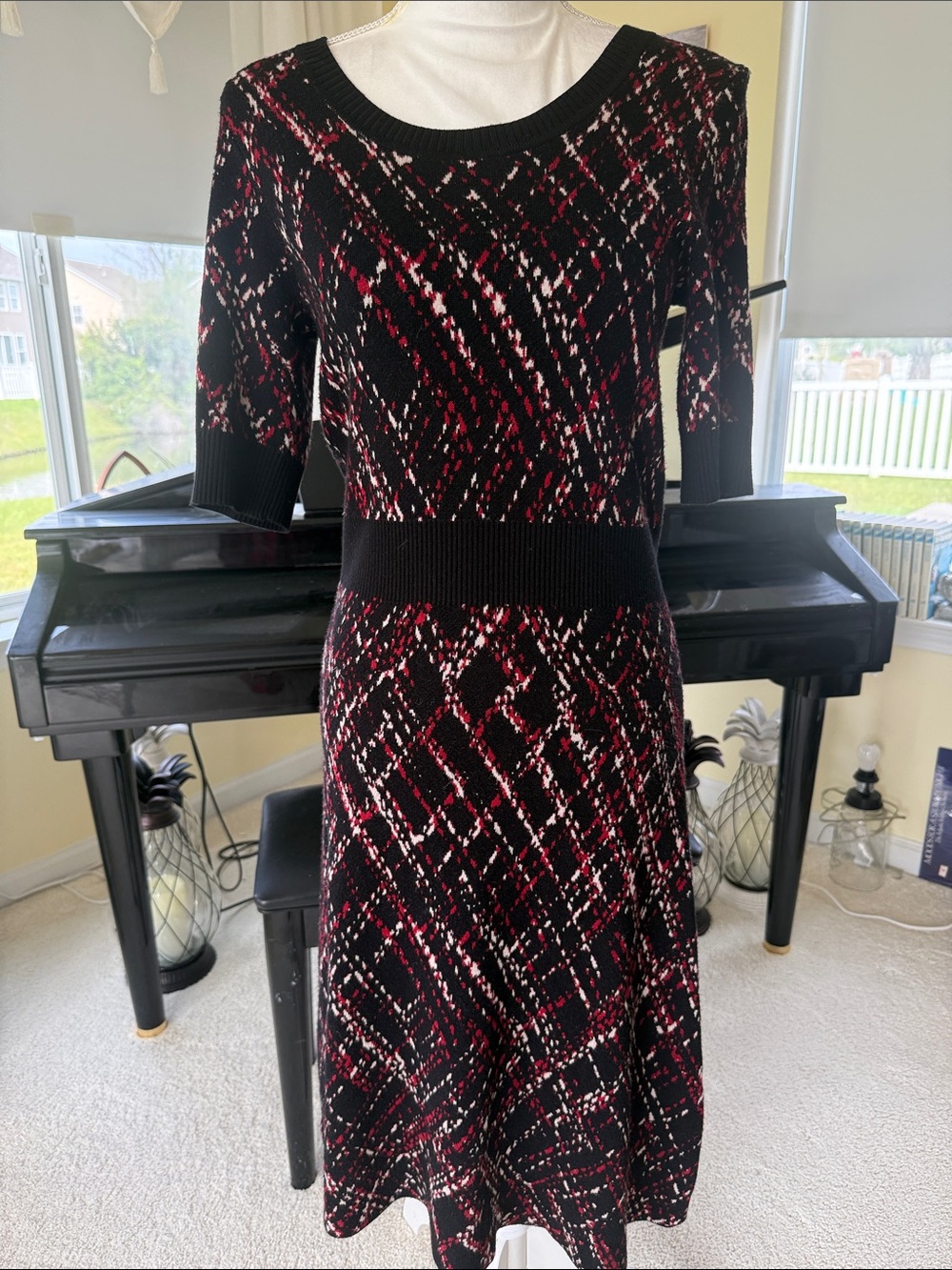 Roz & Ali black long knit sweater dress red cream preppy fall career school